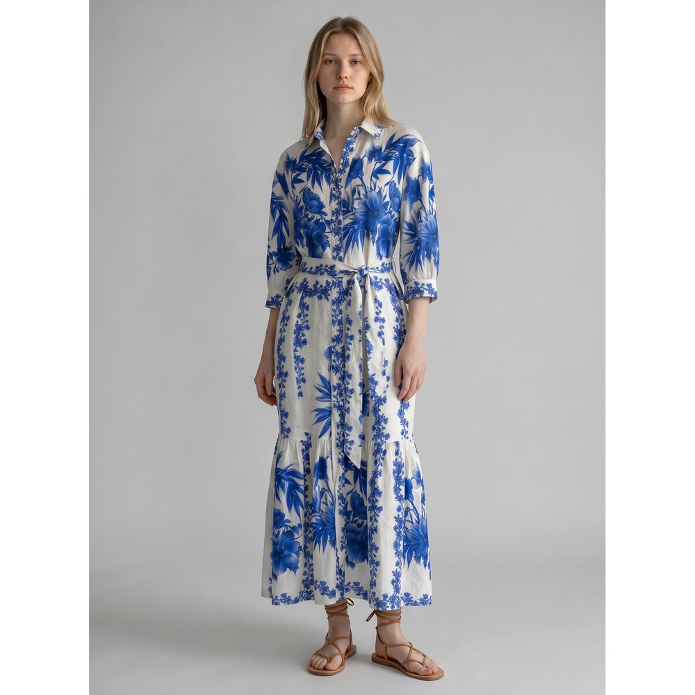Calypso St. Barth Blue White Floral Linen Blend Maxi Shirt Dress Tiered Belted M